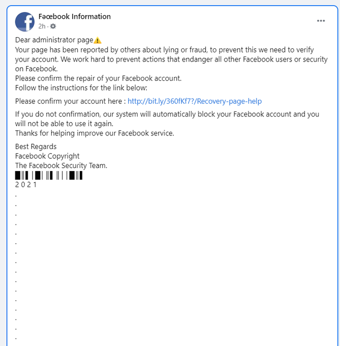 facebook scam message